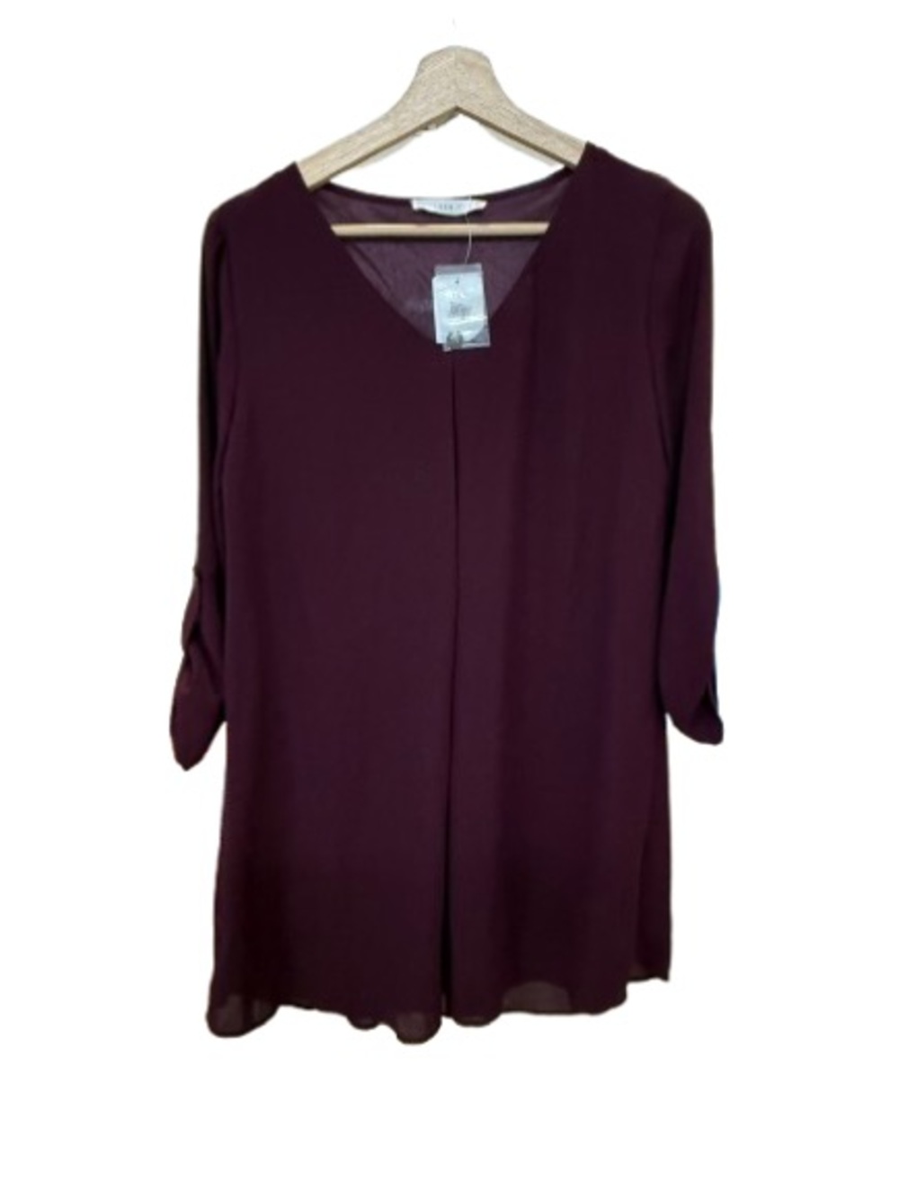 Lush Burgundy V-Neck Tunic with Roll-Tab Sleeves
